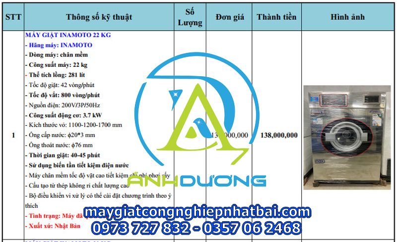 Báo giá máy giặt công nghiệp cũ Inamoto 22kg